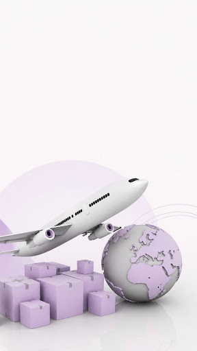 Avión 3D y globo lila de Chapitrati con paquetes de envío global
